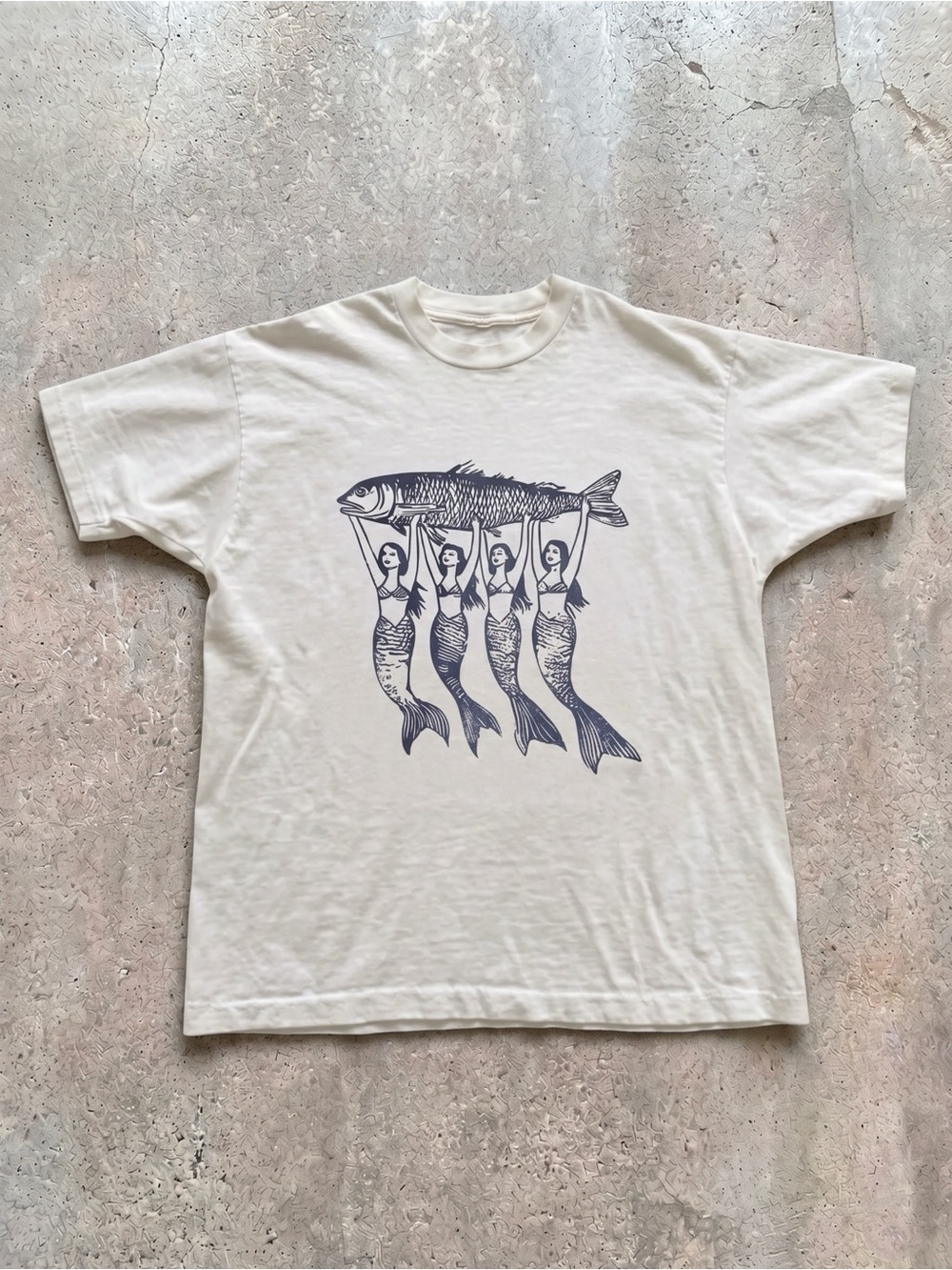 Mermaids Holding Fish Linocut White Cottagecore Graphic T Shirt Unisex